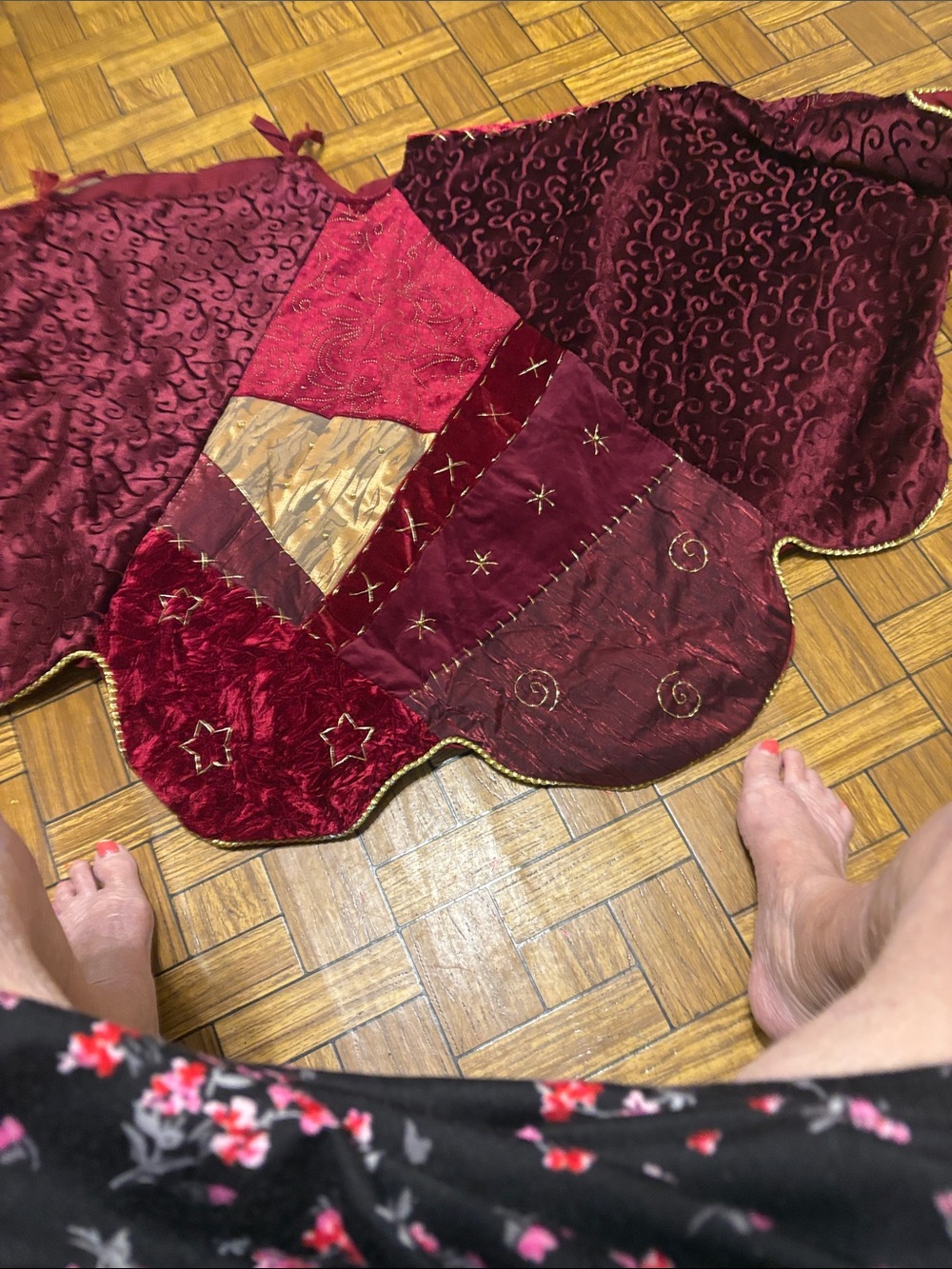 Burgundy Patchwork Decorative  Tree Skirt